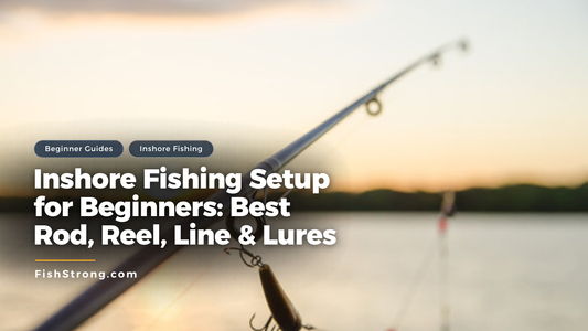 Beginner inshore fishing setup guide with spinning rod and lure at sunset
