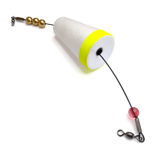 White and chartreuse popping cork rig with beads, wire, and swivels for inshore saltwater fishing.